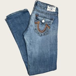 True Religion Straight Jeans Size 8 Rainbow Thick Stitch Flap Pocket Low Rise